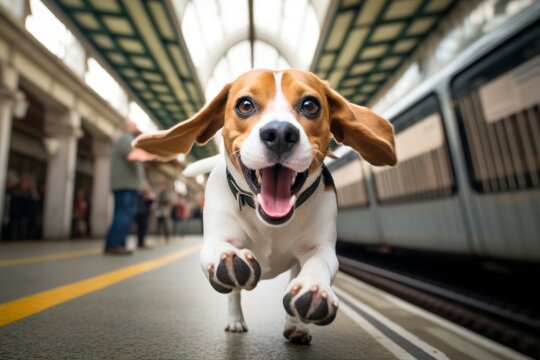 funny beagle running while standing against train stations background