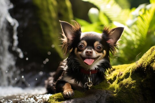 Medium shot portrait photography of a smiling chihuahua digging in a garden against waterfalls background. With generative AI technology