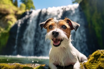 Studio portrait photography of a happy jack russell terrier enjoying a picnic against waterfalls background. With generative AI technology