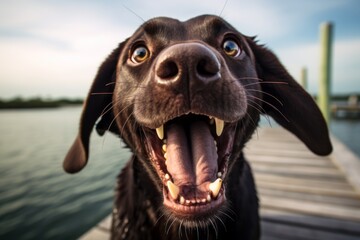 Studio portrait photography of a funny labrador retriever barking against fishing piers background....