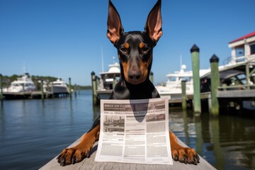 Environmental portrait photography of a smiling doberman pinscher holding a newspaper in its mouth...