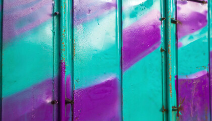 purple and turquoise colored paint covering graffiti on metal warehouse wall close up - Powered by Adobe