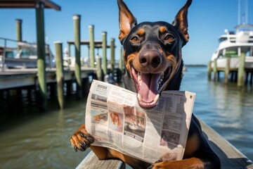 Environmental portrait photography of a smiling doberman pinscher holding a newspaper in its mouth...