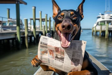 Tuinposter Environmental portrait photography of a smiling doberman pinscher holding a newspaper in its mouth against fishing piers background. With generative AI technology © Markus Schröder
