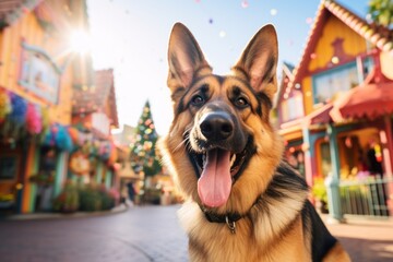 Headshot portrait photography of a happy german shepherd wagging its tail against colorful neighborhoods background. With generative AI technology - obrazy, fototapety, plakaty