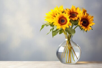  a vase filled with yellow sunflowers sitting on top of a wooden table next to a gray wall with clouds in the background.