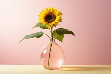  a vase with a sunflower inside of it on a table next to a pink wall and a pink wall.