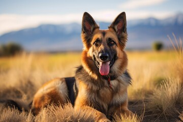Headshot portrait photography of a happy german shepherd rolling against wildlife refuges background. With generative AI technology