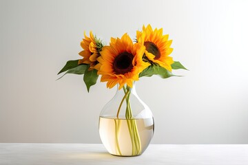  a vase with three sunflowers in it sitting on a table next to another vase with two flowers in it.