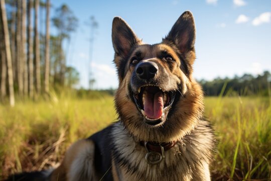 Close-up portrait photography of a smiling german shepherd chewing things against wildlife refuges background. With generative AI technology