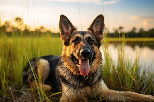 Headshot portrait photography of a happy german shepherd rolling against wildlife refuges background. With generative AI technology