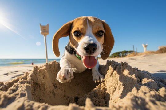 Environmental portrait photography of a smiling beagle building a sandcastle against wildlife refuges background. With generative AI technology