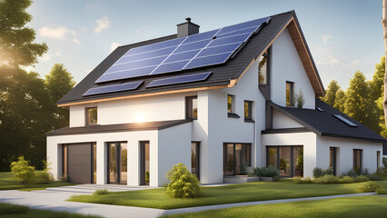 new-suburban-house-with-a-photovoltaic-system-on-the-roof-modern-eco-friendly-passive-house Ai illustration