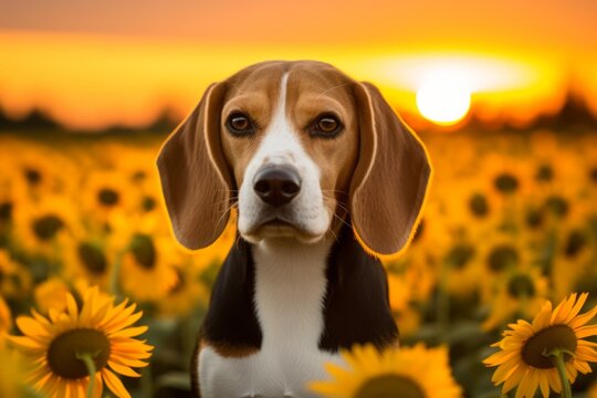 Headshot portrait photography of a curious beagle being at a spa against sunflower fields background. With generative AI technology