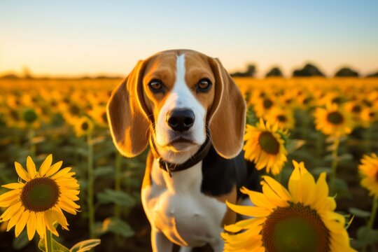 Headshot portrait photography of a curious beagle being at a spa against sunflower fields background. With generative AI technology
