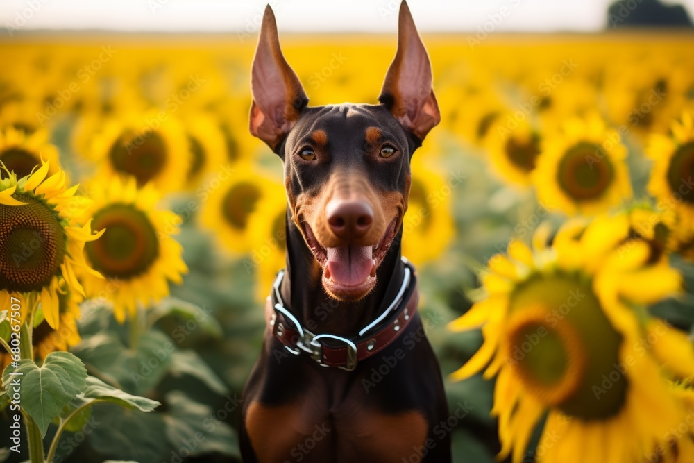 Canvas Prints Environmental portrait photography of a smiling doberman pinscher wearing a harness against sunflower fields background. With generative AI technology