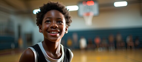 In the bustling school gym, a young African boy passionately pursues his dream of becoming a basketball star, showcasing his athletic skills and embracing a healthy lifestyle through the sport. With - obrazy, fototapety, plakaty