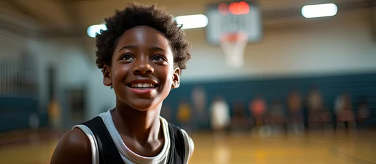 Tuinposter In the bustling school gym, a young African boy passionately pursues his dream of becoming a basketball star, showcasing his athletic skills and embracing a healthy lifestyle through the sport. With © AkuAku