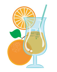 Drink made from orange juice. Drinking glass with a slice of orange and a fruit behind. Vector illustration isolated on transparent background.