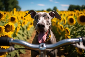 Medium shot portrait photography of a cute great dane riding in a bicycle basket against sunflower fields background. With generative AI technology - obrazy, fototapety, plakaty