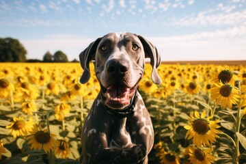 Medium shot portrait photography of a cute great dane riding in a bicycle basket against sunflower fields background. With generative AI technology - obrazy, fototapety, plakaty