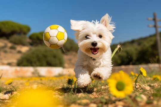 Group portrait photography of a funny maltese playing with a ball against sunflower fields background. With generative AI technology