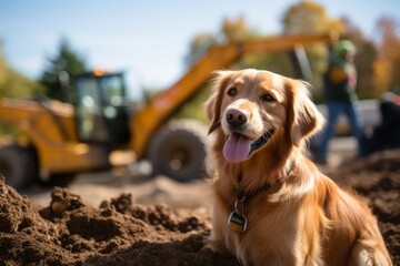 Lifestyle portrait photography of a smiling golden retriever being at a construction site against pumpkin patches background. With generative AI technology
