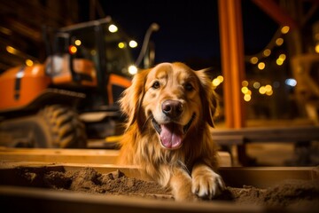 Lifestyle portrait photography of a smiling golden retriever being at a construction site against pumpkin patches background. With generative AI technology