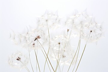  a bunch of white dandelions are in a glass vase on a white surface with a white wall in the background.