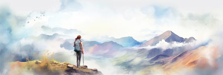 Woman Solo Traveler Reaching Summit at the Mountain Enjoying Freedom and Looking Towards Stunning View. Travel Watercolour Postcard or Web Banner - obrazy, fototapety, plakaty
