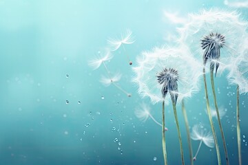  a dandelion blowing in the wind with drops of water on the top of the dandelions and on the bottom of the dandelions.