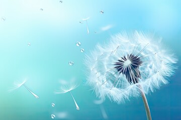  a dandelion blowing in the wind with drops of water on the dandelion and a blue sky background.