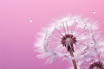  a close up of a dandelion on a pink background with drops of water on the dandelion.