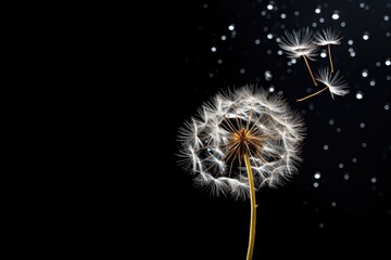  a dandelion is blowing in the wind on a black background with white drops of water on the dandelion.