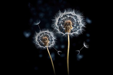  a couple of dandelions sitting on top of a black table next to each other on a black background.
