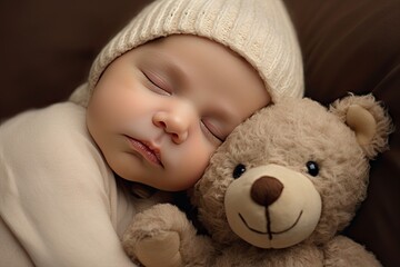 An adorable and innocent newborn baby boy sleeping peacefully with a teddy bear and a knitted hat.