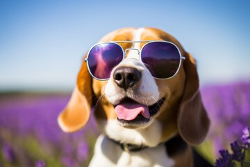 Close-up portrait photography of a smiling beagle wearing a trendy sunglasses against lavender...