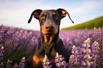 Lifestyle portrait photography of a happy doberman pinscher sniffing against lavender fields...