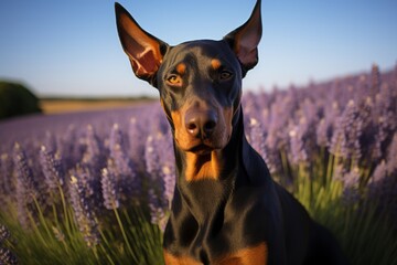 Lifestyle portrait photography of a happy doberman pinscher sniffing against lavender fields background. With generative AI technology - obrazy, fototapety, plakaty
