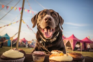 Medium shot portrait photography of a happy labrador retriever eating a birthday cake against hot...
