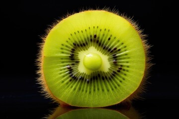 a close up of a sliced kiwi fruit on a black surface with a reflection in the middle of the image.