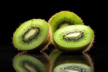  a cut in half kiwi fruit sitting on top of a black surface with a reflection of the kiwi.