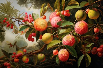  a painting of a bunch of fruit on a tree branch with other fruit on the branch and on the other side of the tree.