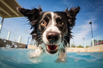 Close-up portrait photography of a cute border collie splashing in a pool against race tracks background. With generative AI technology