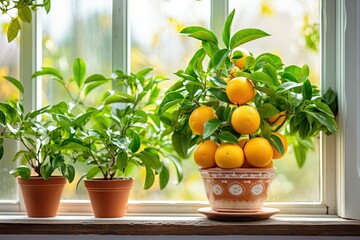 Fototapeta na wymiar a potted lemon tree sitting on a window sill next to two potted lemons on a window sill.