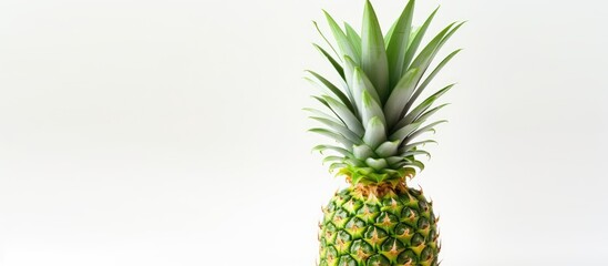 Fototapeta premium In the isolated tropical background of a summer getaway, a vibrant green pineapple stands tall, its leafy crown signaling a healthy and refreshing treat, enticing food lovers to embrace a nature