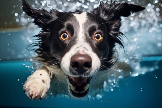 Close-up portrait photography of a cute border collie splashing in a pool against race tracks background. With generative AI technology