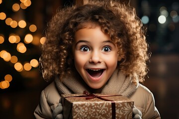 A girl surprised with a Christmas gift. Generative AI