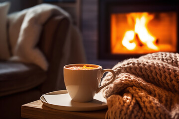 There is a fireplace in the living room with wood burning, a mug of hot tea on the table by the armchair. Family hearth
