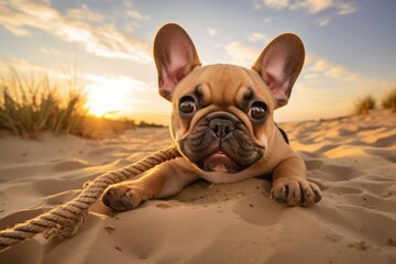 Headshot portrait photography of a cute french bulldog playing tug-of-war against sand dunes background. With generative AI technology - obrazy, fototapety, plakaty